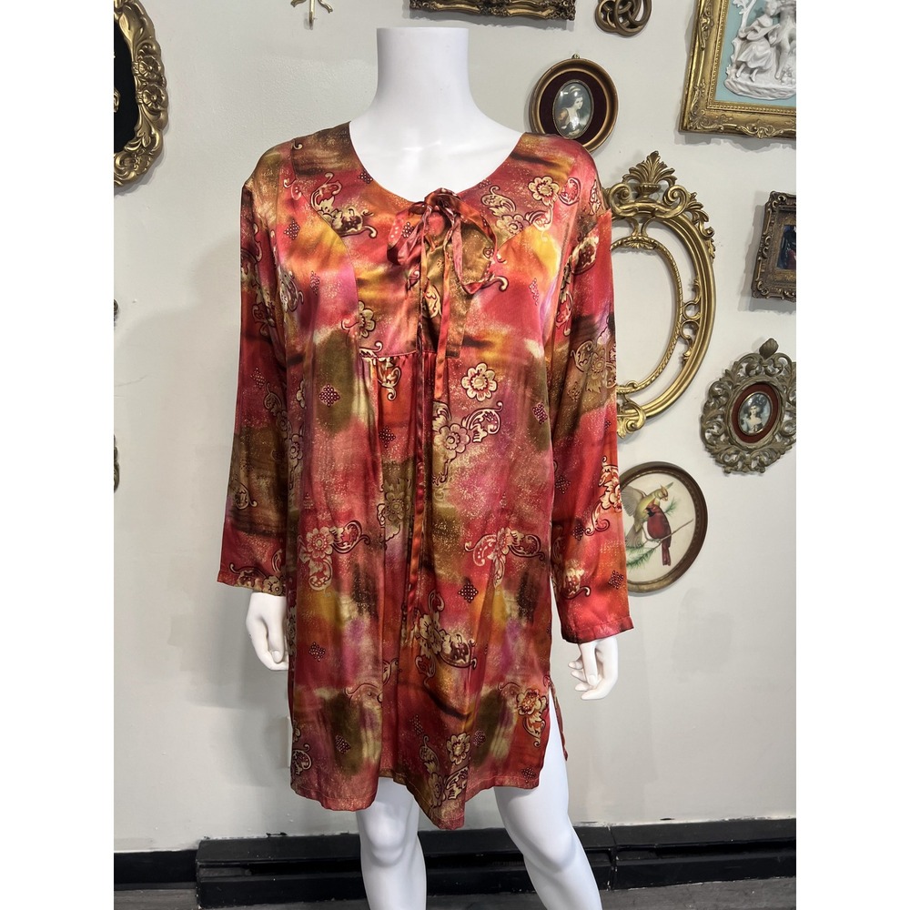 Vintage Victoria's Secret Silk Red Gold Floral Tie Front Long Sleeve Top Size S